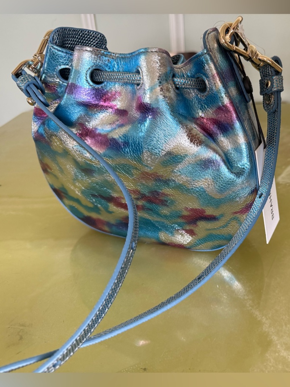 Silver Blue-Pink Drawstring Bucket “Eliana” Brahmin Bag with Chain - Picture 5 of 6